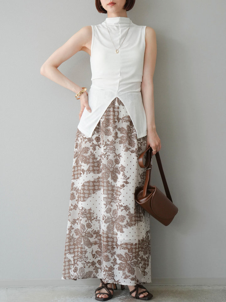 [予約]フラワーパターンフレアスカート/ベージュ
