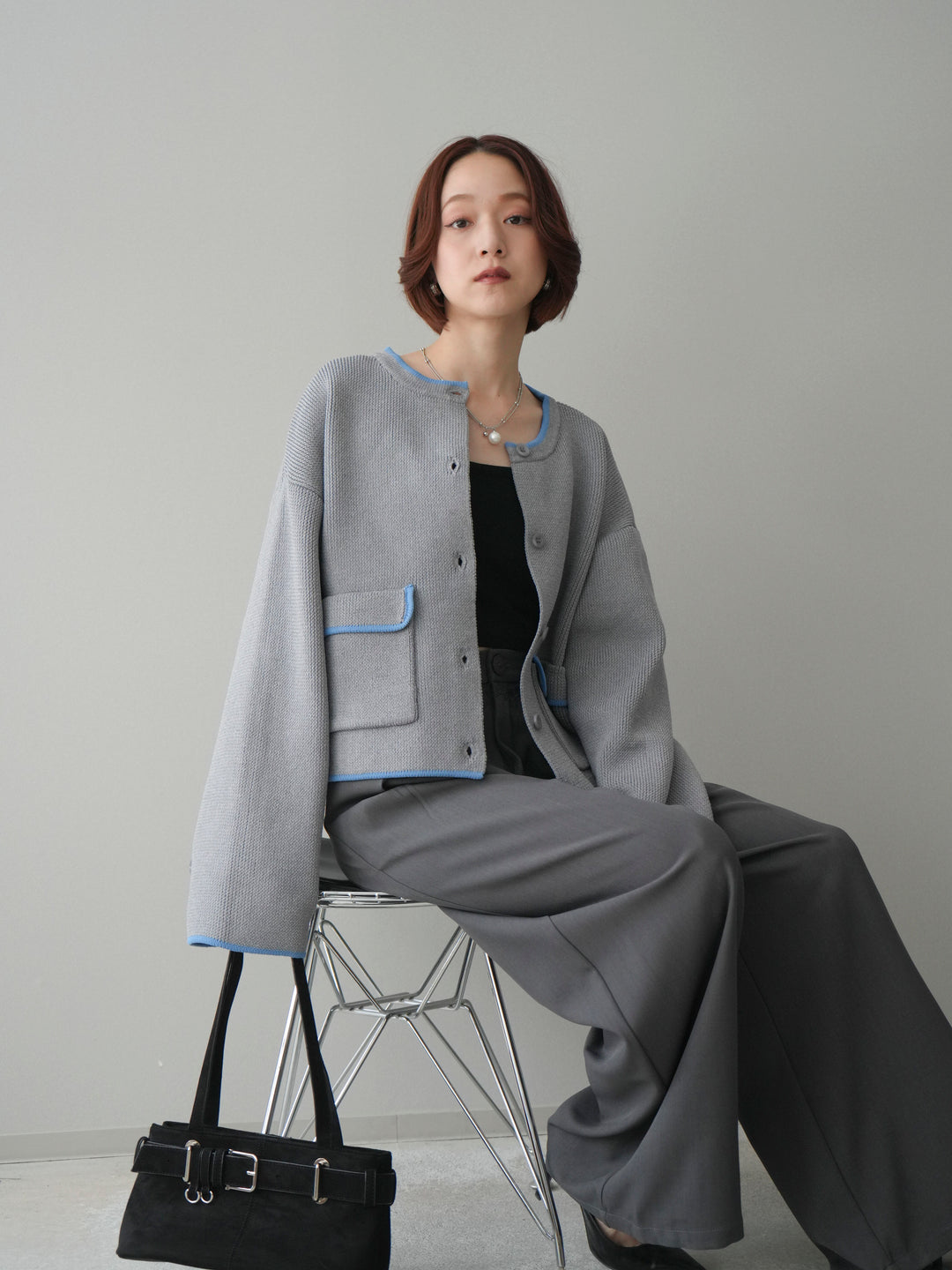 [SET]ポリエステル配色ニットカーディガン+ウエストレースタックワイドパンツ(2set)