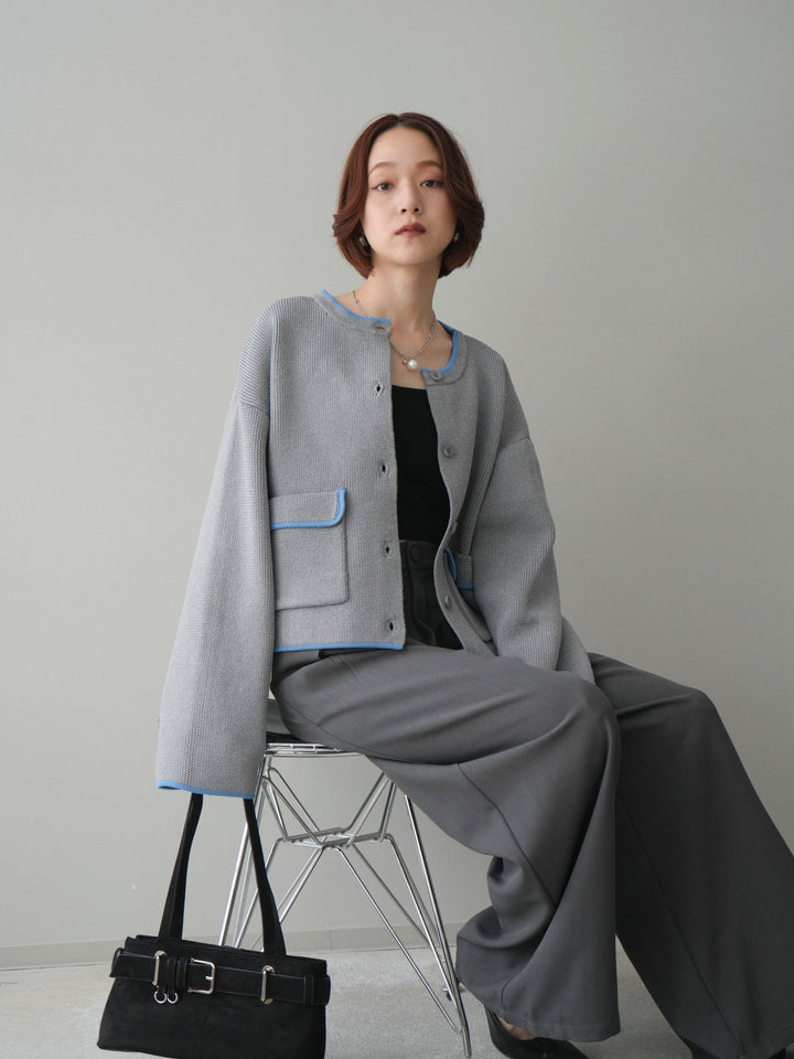 [SET]ポリエステル配色ニットカーディガン+ウエストレースタックワイドパンツ(2set)