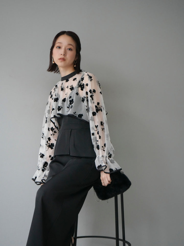 [予約]チュールフラワーフロッキーショートブラウス/ホワイト