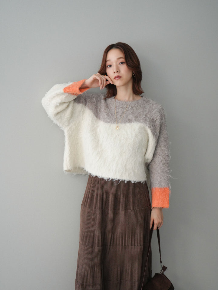 [SET]バイカラーモヘアタッチニットプルオーバー+型押しスエードティアードプリーツスカート(2set)
