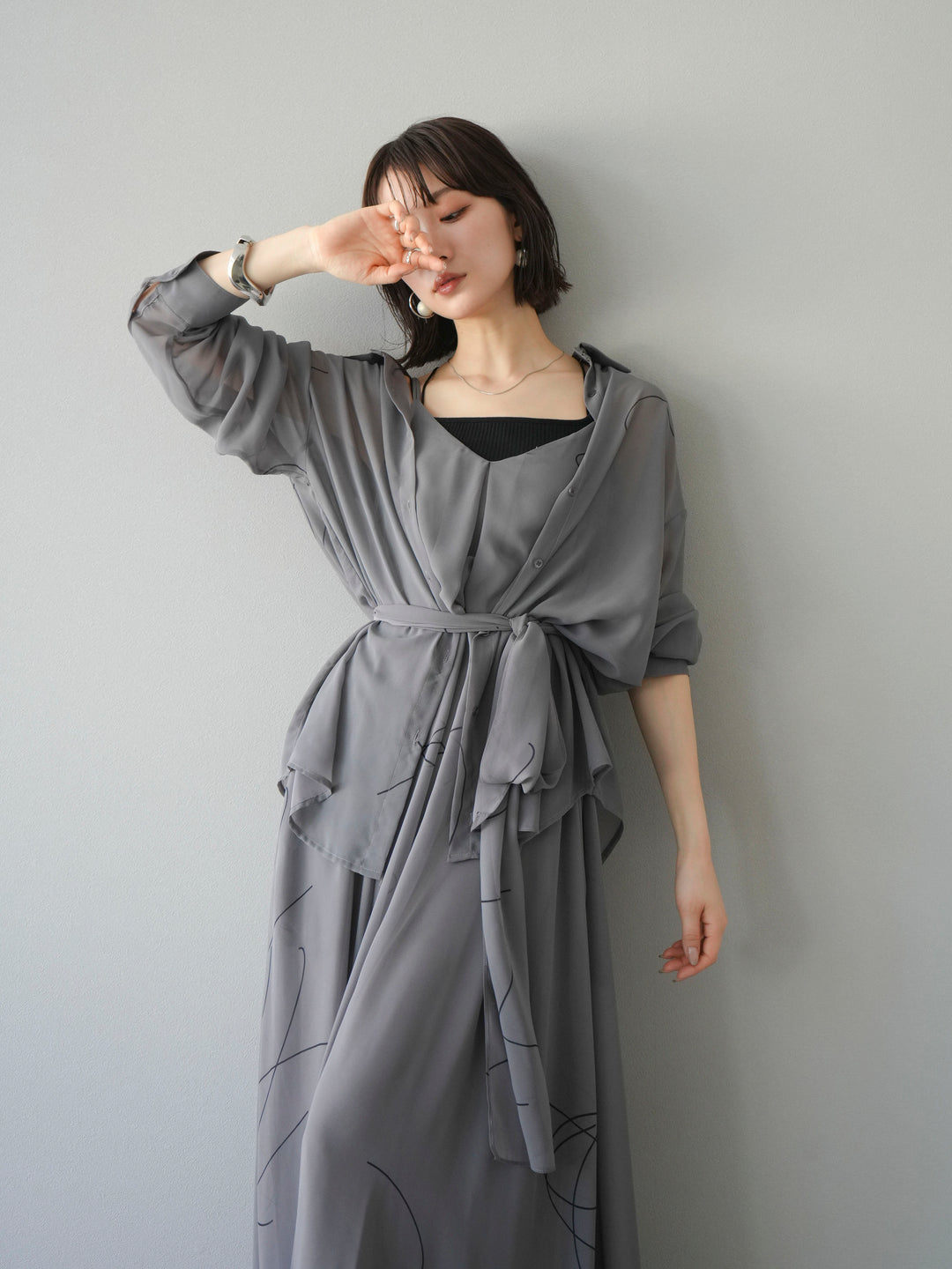 [SET]ペンタッチシフォンキャミワンピース+ペンタッチシフォンシャツ(2set)