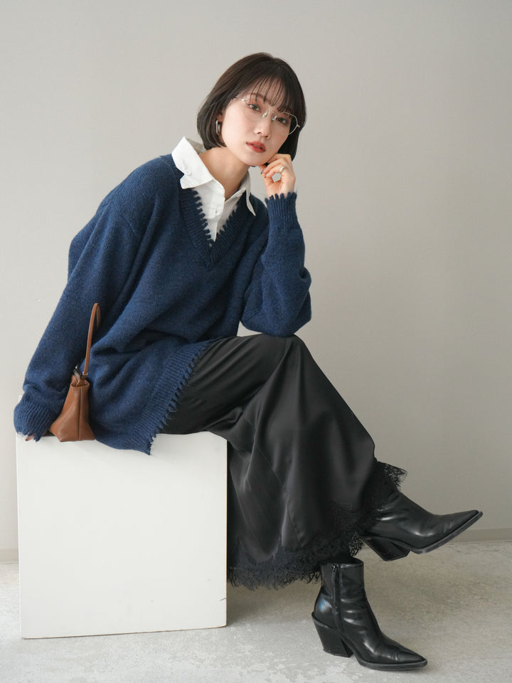 [予約]シャツドッキングVネックフリンジニットプルオーバー/navy