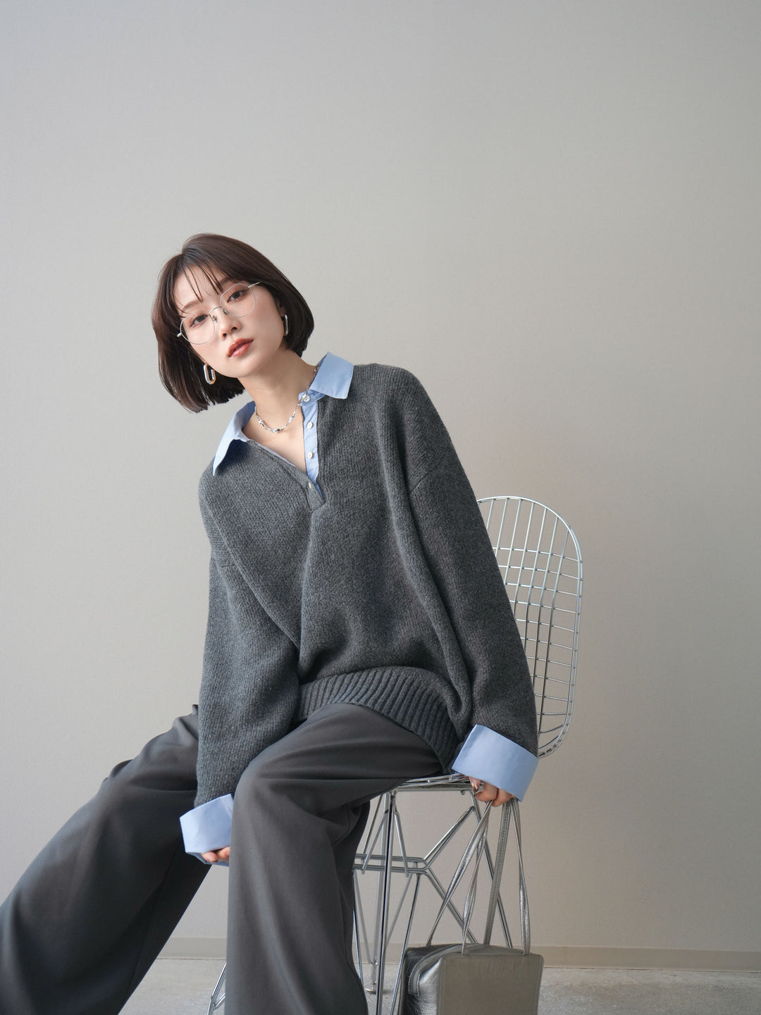 [予約]シャツドッキングオーバーニットプルオーバー/charcoalsax