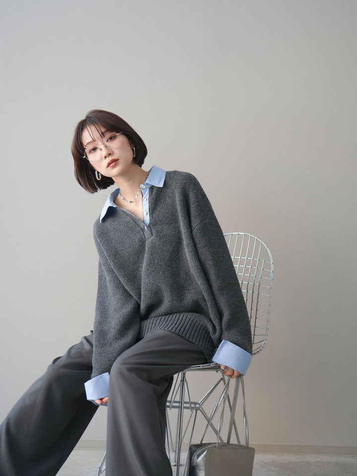 [予約]シャツドッキングオーバーニットプルオーバー/charcoalsax