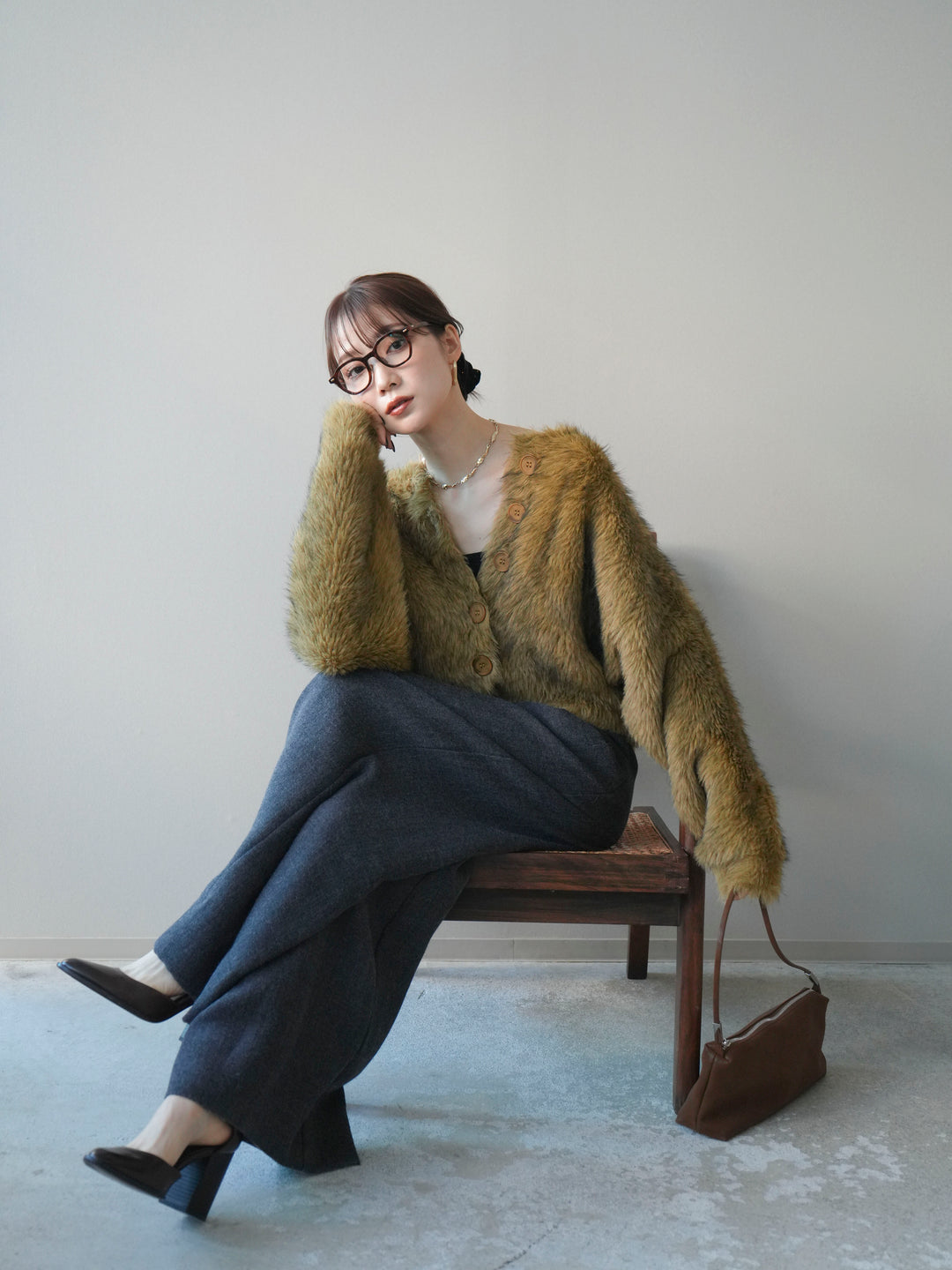 [予約]ミックスシャギーショートニットカーディガン/green