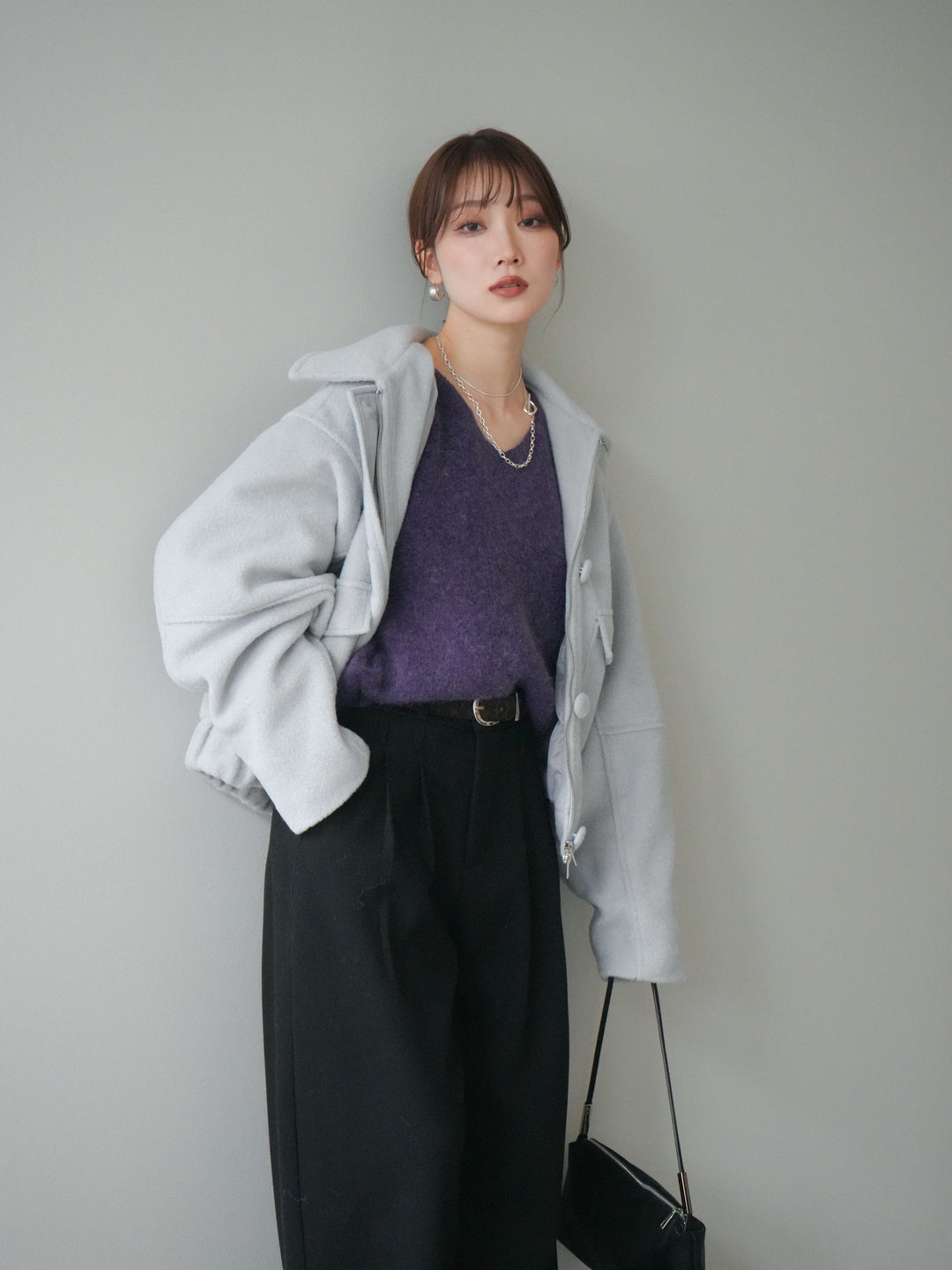 [SET]ウールライクフライトジャケット+シュシュ付きアンゴラタッチVネックニットプルオーバー(2set)