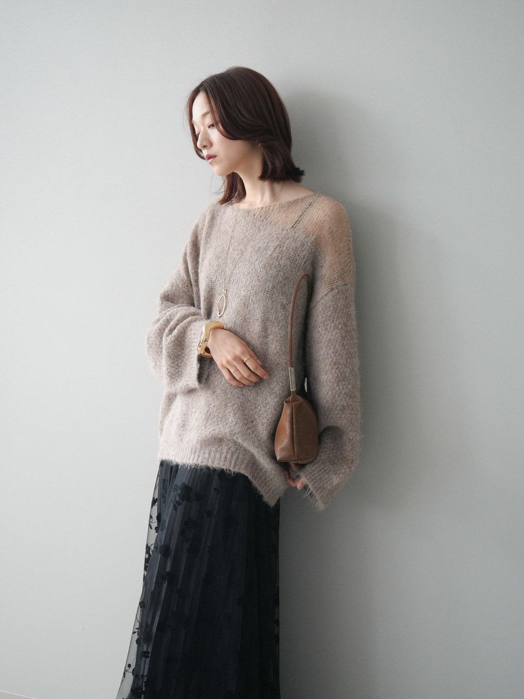 [SET]透かしデザインニットプルオーバー+フラワーフロッキーチュールプリーツスカート(2set)