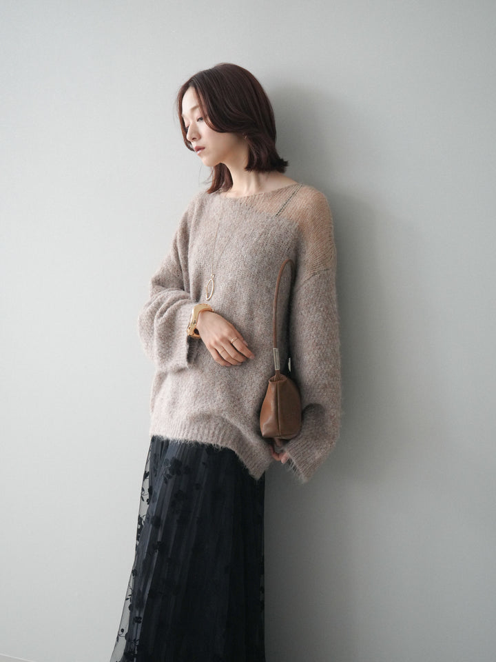 [SET]透かしデザインニットプルオーバー+フラワーフロッキーチュールプリーツスカート(2set)