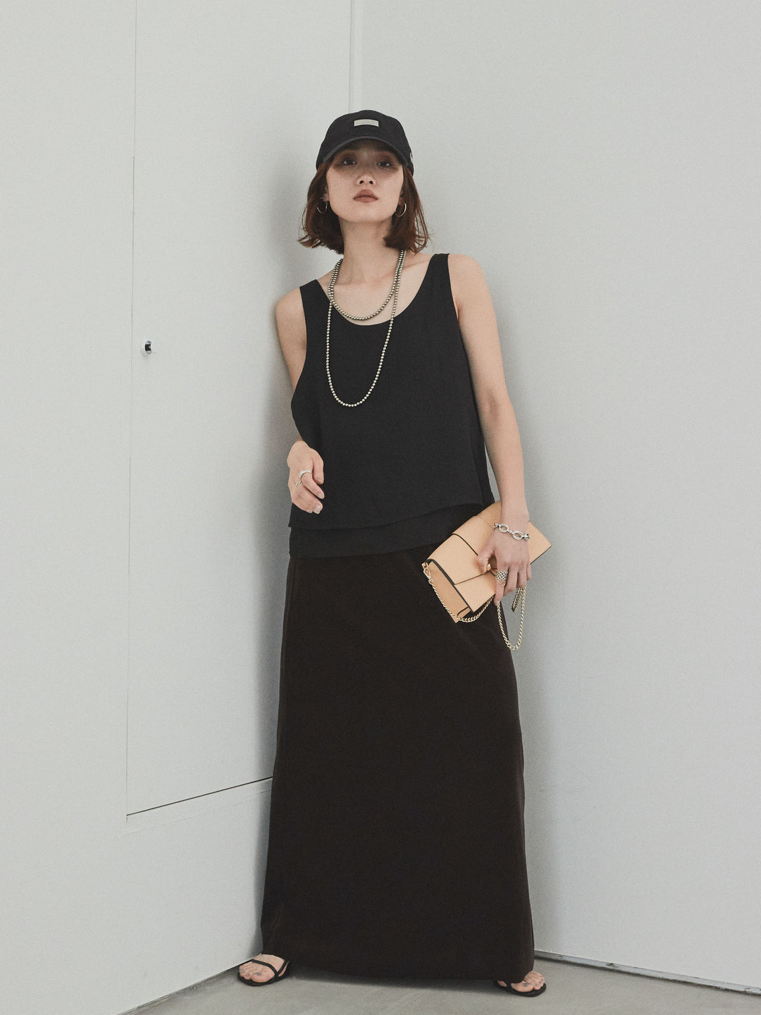 [SET]ワッシャーサテンシアーレイヤードタンクトップ+ベロアナロースカート(2set)