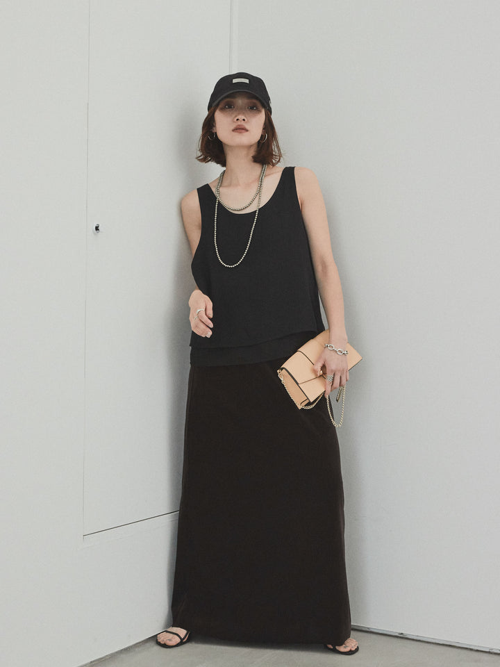 [SET]ワッシャーサテンシアーレイヤードタンクトップ+ベロアナロースカート(2set)