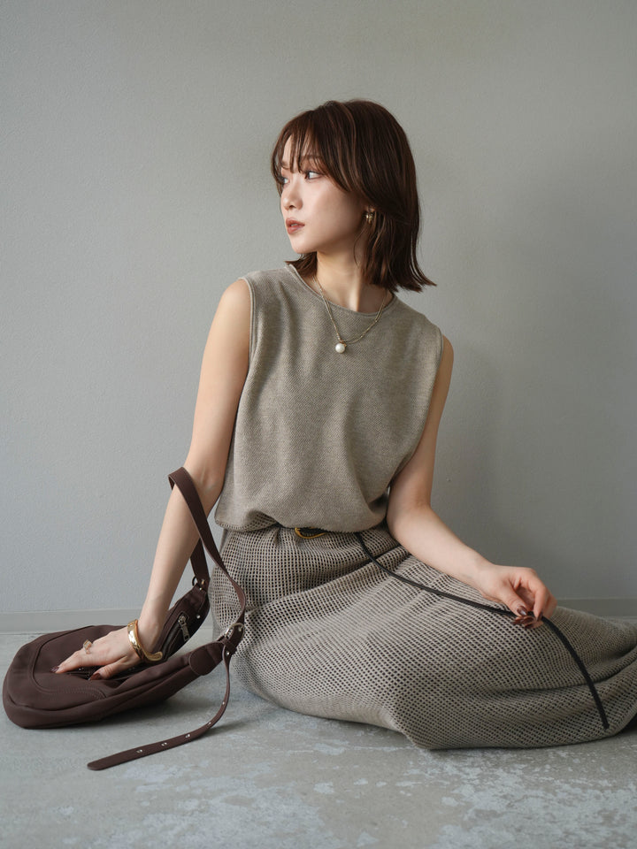 [予約]メッシュ切替ノースリーニットワンピース/beige