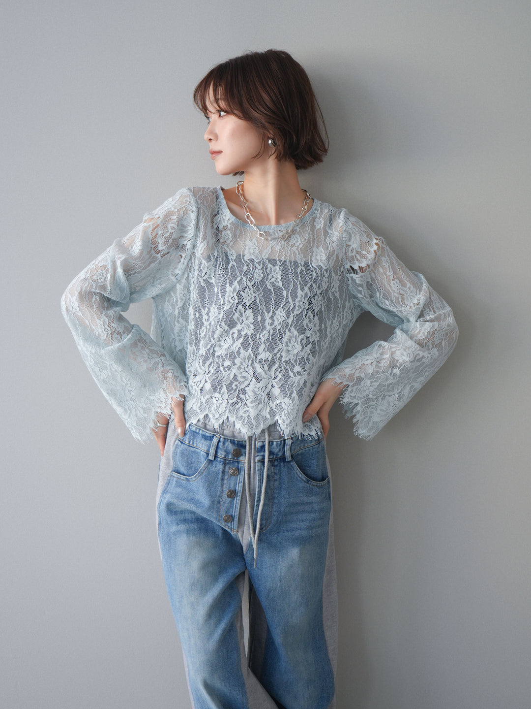 [SET]2WAYスリーブレーストップス+デニム切替スウェットパンツ(2set)