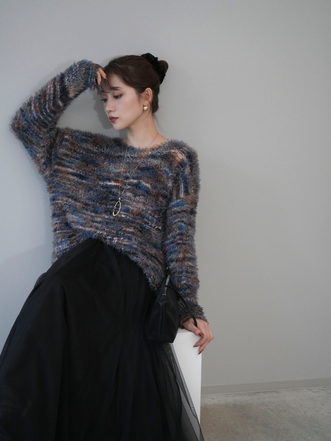 [予約]ミックスシャギールーズニットプルオーバー/blue