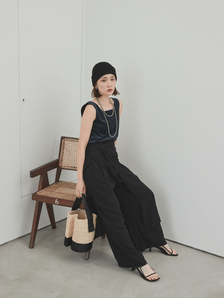 [SET]スクエアベロアタンクトップ+ワッシャーサテンレイヤードスカートパンツ(2set)