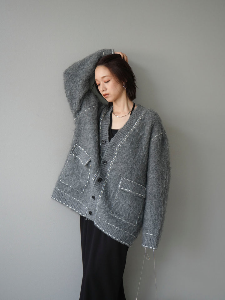 [予約]ステッチVネックニットカーディガン/グレー