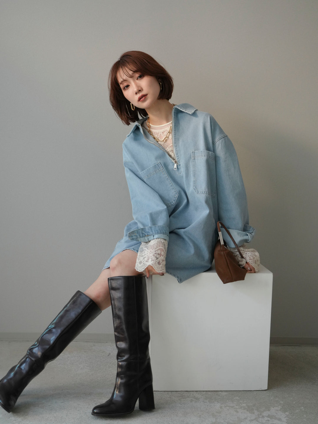 [SET]ハーフジップデニムミニワンピース+チュールレーストップス(2set)