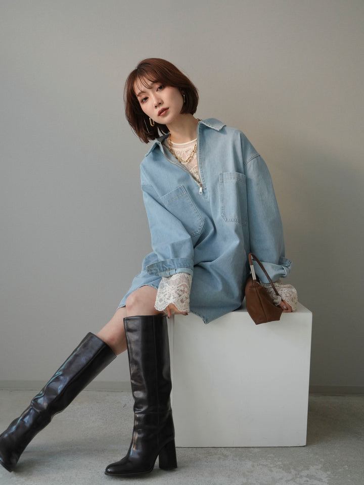 [SET]ハーフジップデニムミニワンピース+チュールレーストップス(2set)