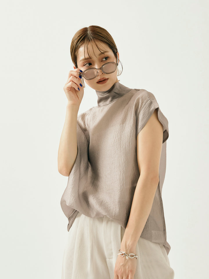 【Allure】[SET]シャイニーシアーブラウス+メッシュタックワイドパンツ(2set)