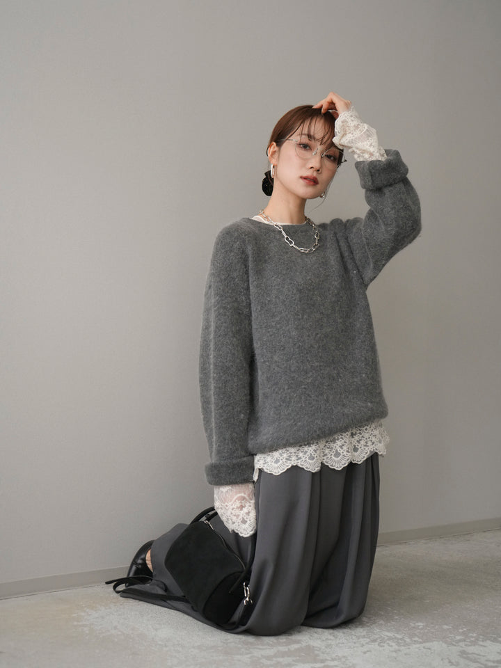 [SET]アンゴラタッチクルーネックニットプルオーバー+テープベルトタックバギーパンツ(2set)