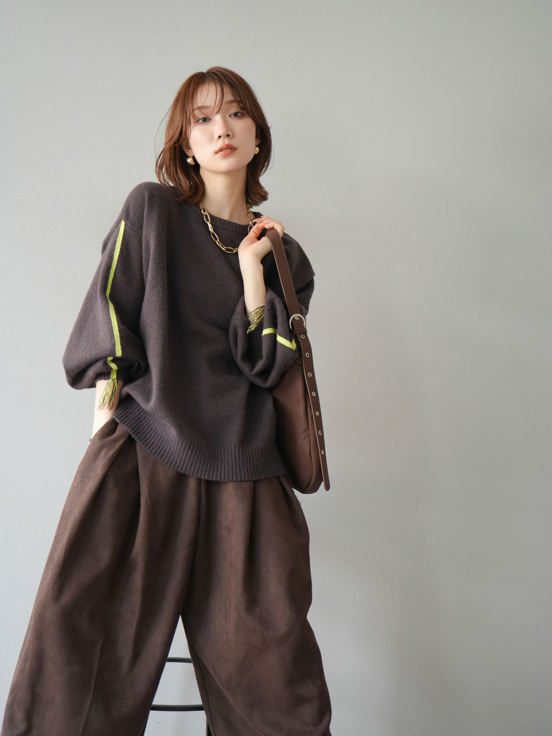 [SET]配色ステッチフリンジニットプルオーバー +スウェードタックワイドパンツ(2set)