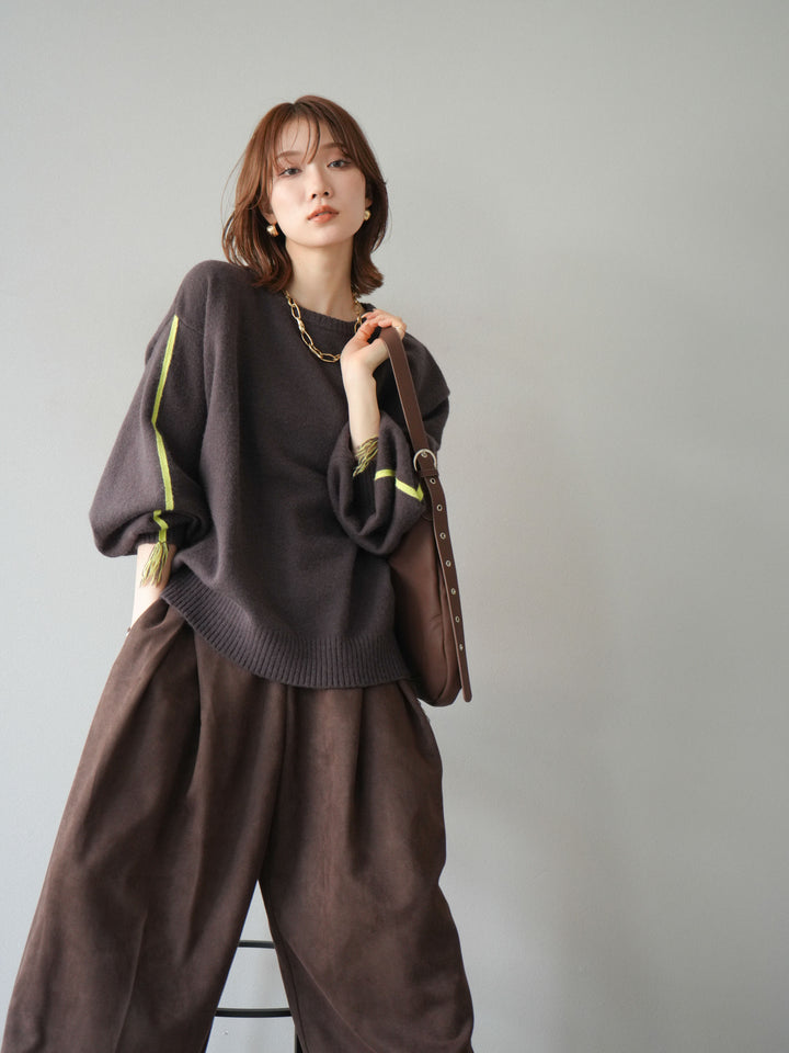 [SET]配色ステッチフリンジニットプルオーバー +スウェードタックワイドパンツ(2set)