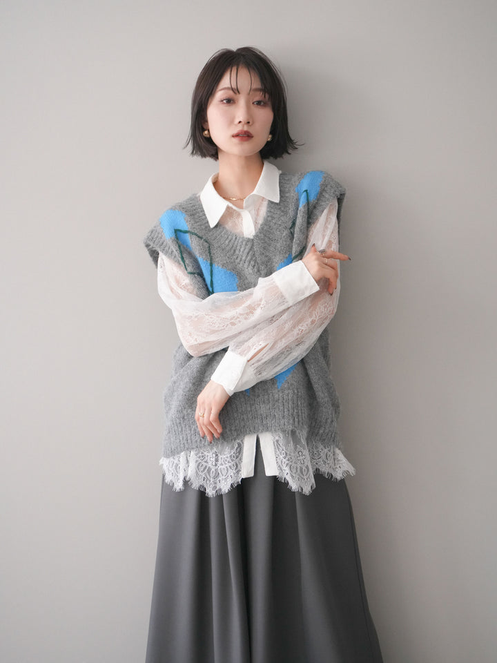 [SET]アーガイルVネックニットベスト+総レースボリュームスリーブシャツ(2set)