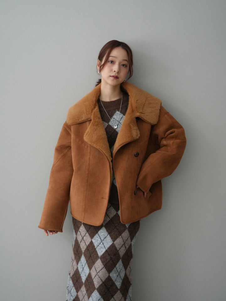 [SET]アーガイルニットプルオーバー&ロングスカートSET UP+ムートンショートジャケット(2set)