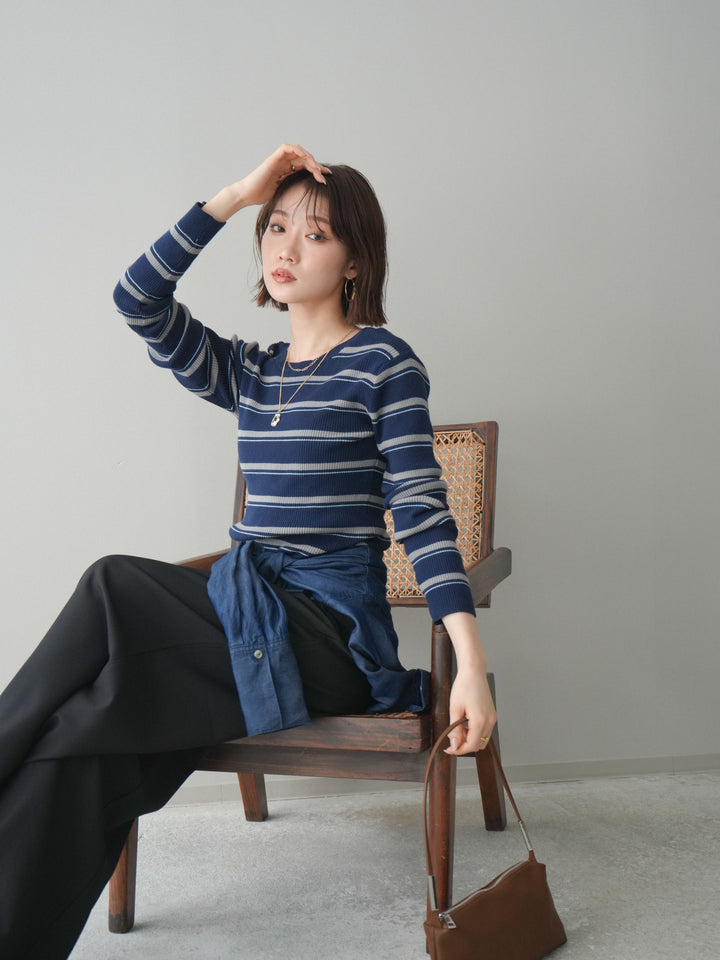 [予約]バックオープンテレコリブマルチボーダートップス/navy