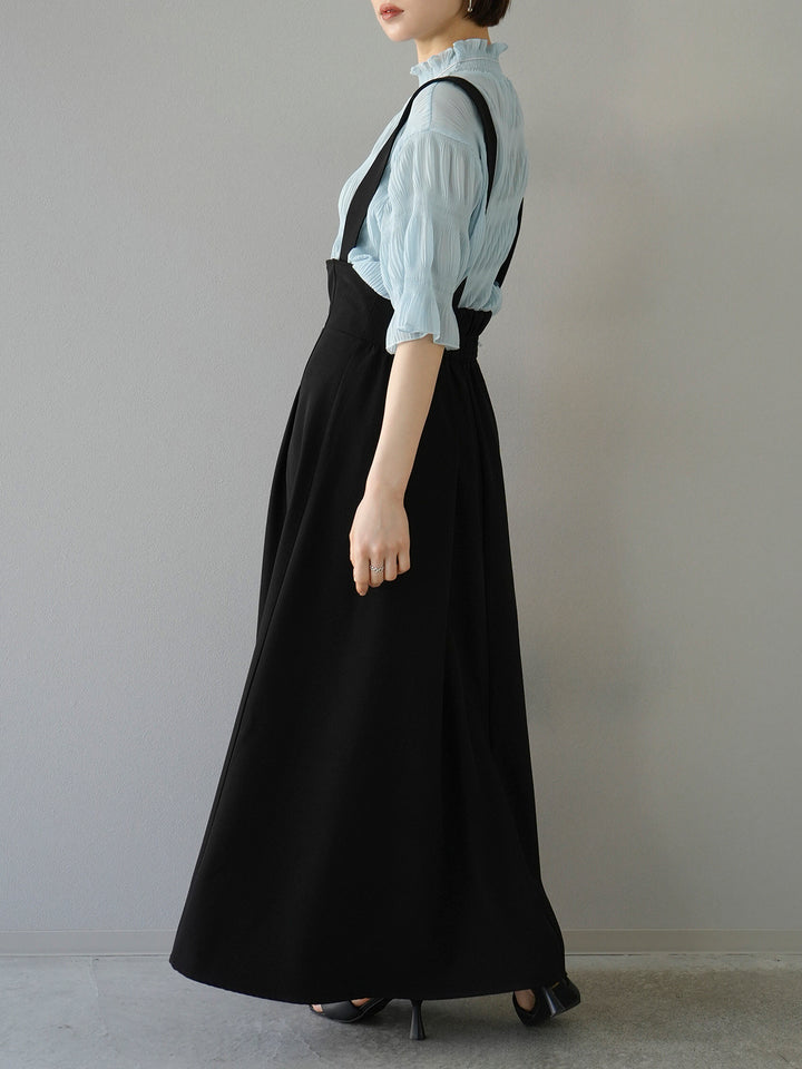 [SET] Shirring chiffon half sleeve blouse + 2WAY flare jumper skirt (2set)