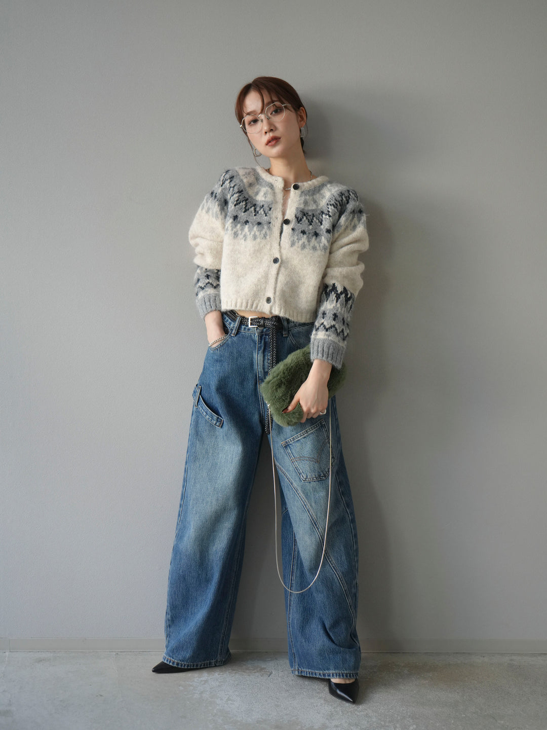 【着回しセット】[SET]求心柄クロップドニットカーディガン+ミックスヤーンペイズリー柄ニットカーディガン+ペインターカーブデニムパンツ(3set)