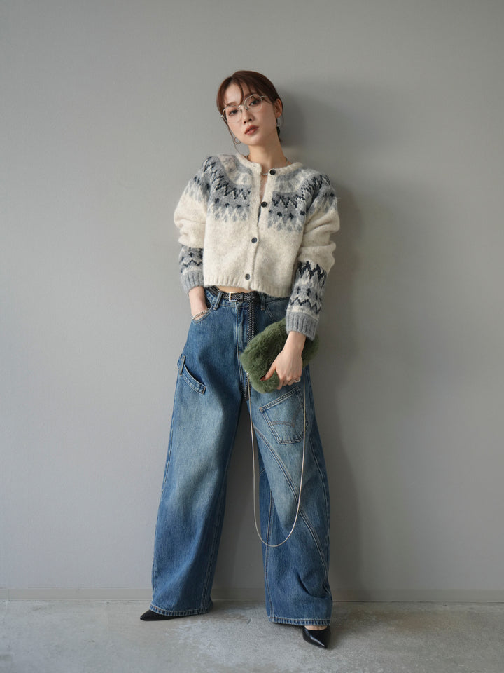 【着回しセット】[SET]求心柄クロップドニットカーディガン+ミックスヤーンペイズリー柄ニットカーディガン+ペインターカーブデニムパンツ(3set)