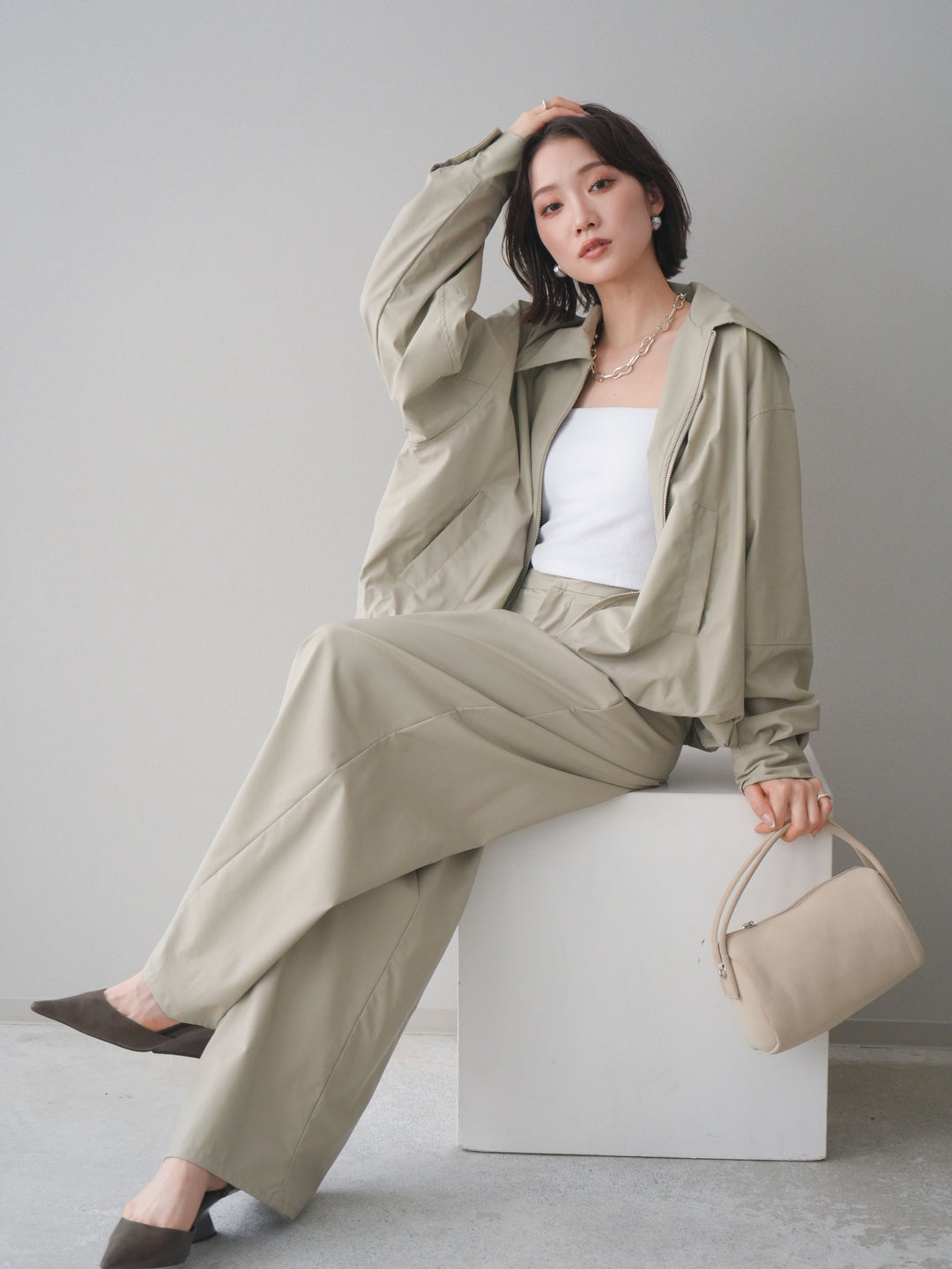 [予約]ウォッシャブルフェイクレザーバルーンジャケット/ecru