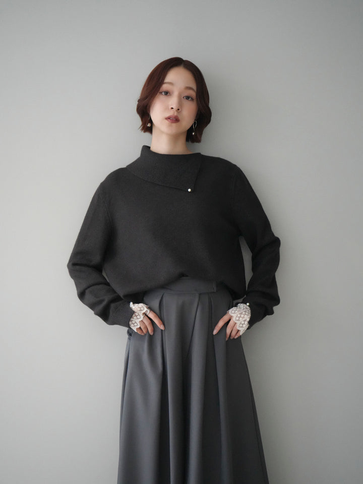 [SET]袖レースパール付き配色ニットトップス+テープベルトタックバギーパンツ(2set)