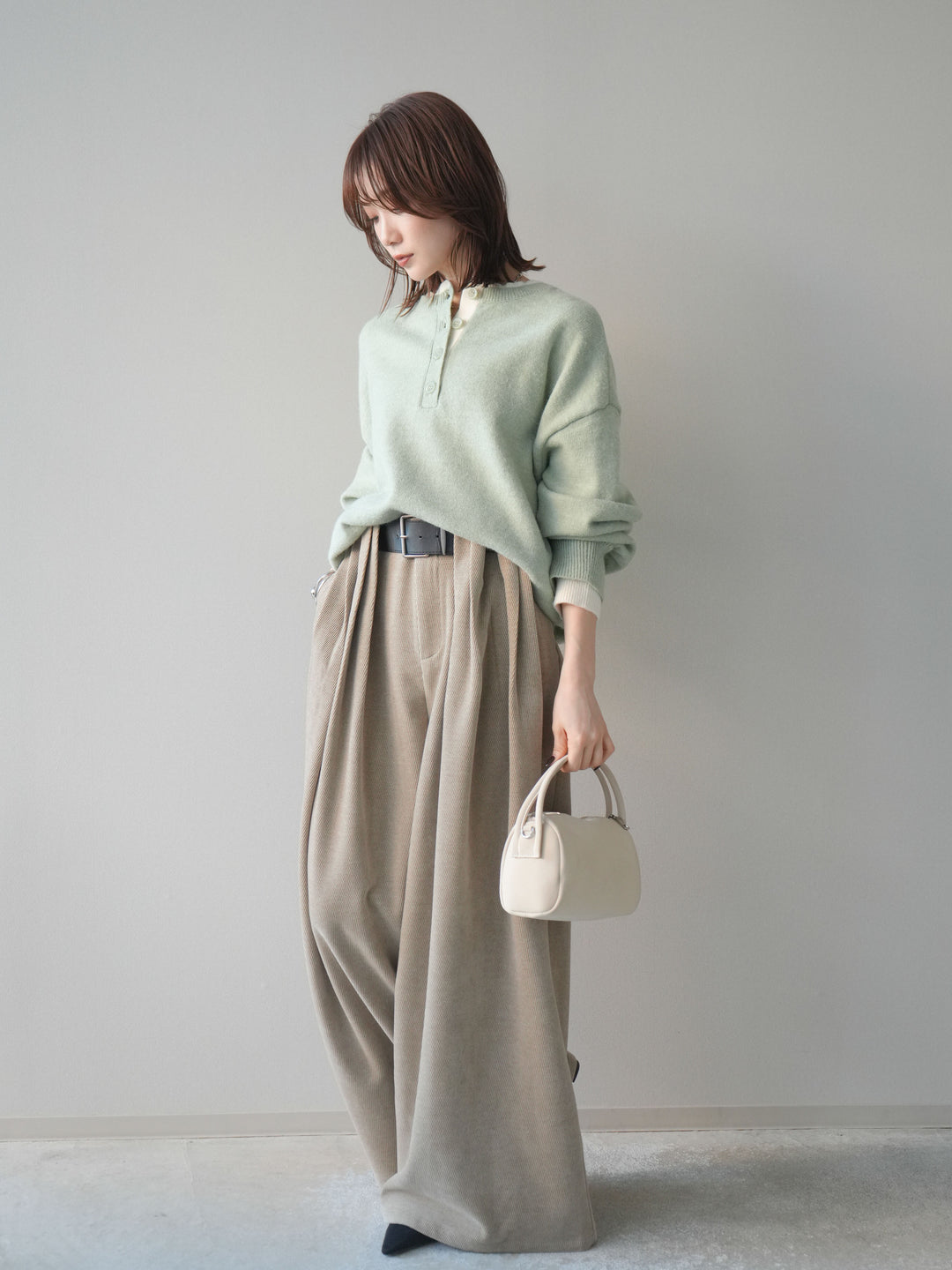 [予約]ベルトデザインループコールテンワイドパンツ(ベルト付き)/beige