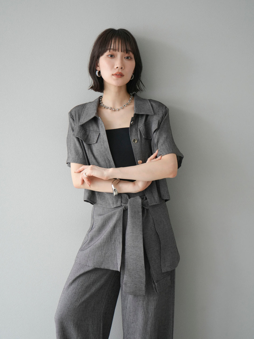 [SET]リネンタッチハーフシャツ＆ラップワイドパンツSET UP(2set)