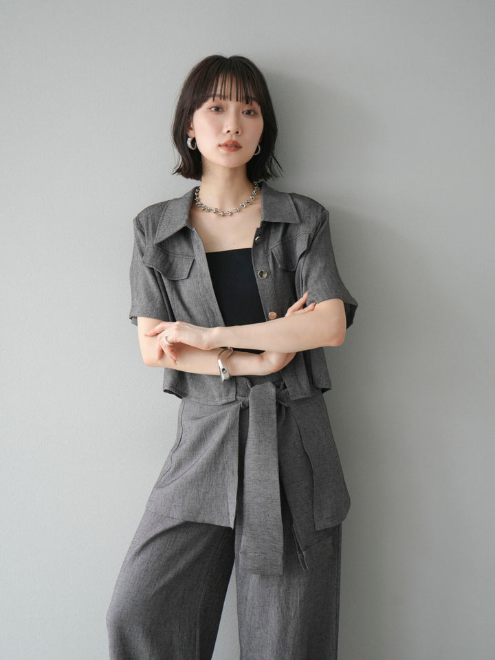 [SET]リネンタッチハーフシャツ＆ラップワイドパンツSET UP(2set)