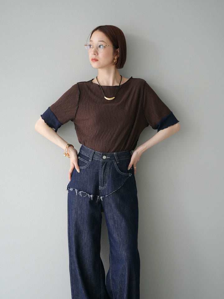 [SET] 百褶同色船領套頭衫 + 臀部設計牛仔褲（2 件組）