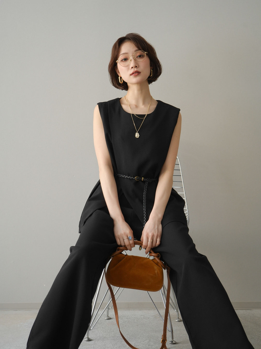 [SET]ベルト付ノースリーブトップス＆ワイドパンツSETUP