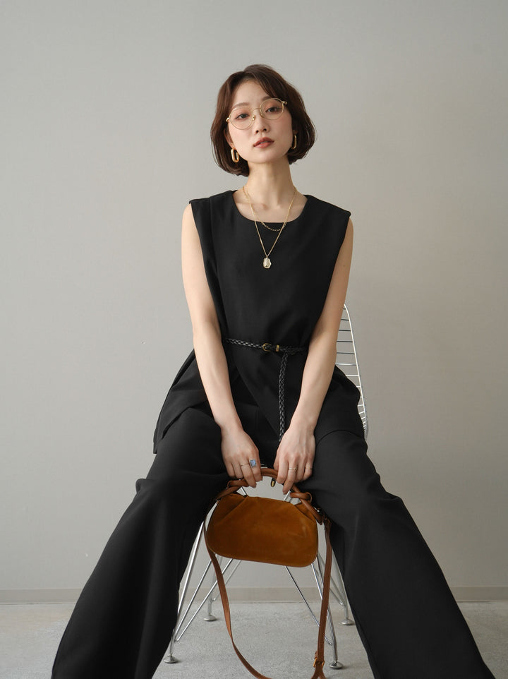 [SET]ベルト付ノースリーブトップス＆ワイドパンツSETUP