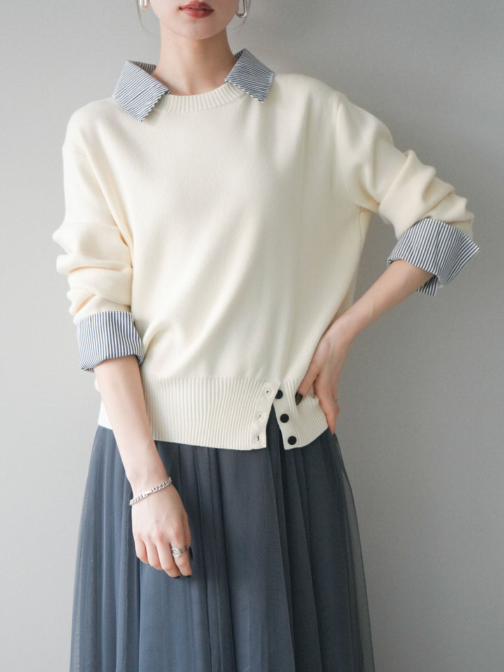 [予約]シャツドッキングデザイン裾ボタンニットプルオーバー/beige
