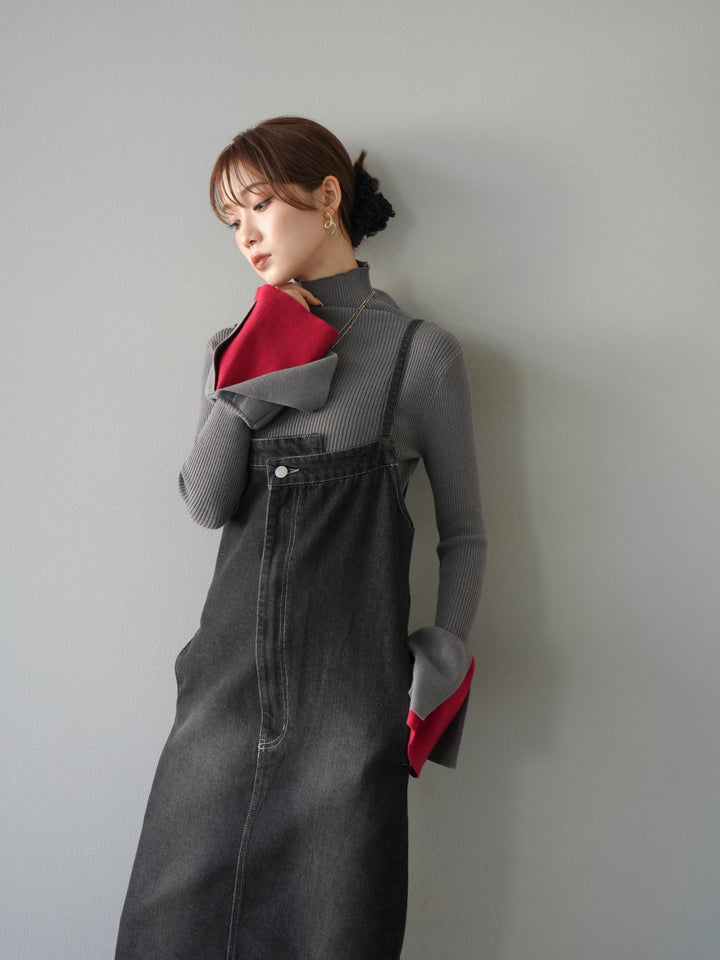 [予約]レイヤードフレアスリーブハイネックニットトップス/グレー