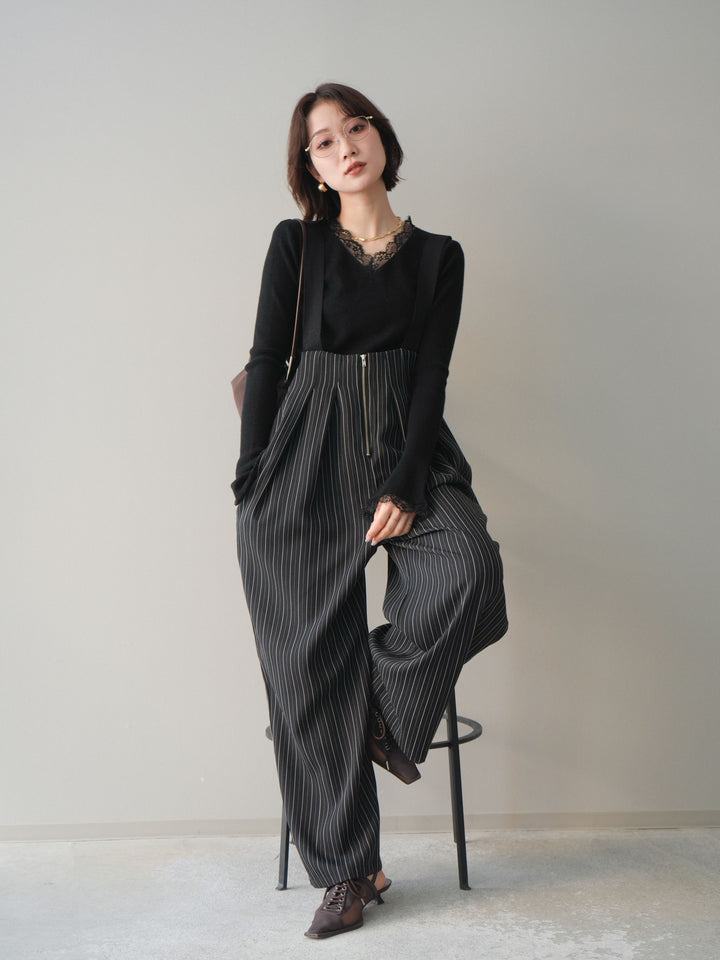 [予約]レースドッキングVネックニットトップス/black