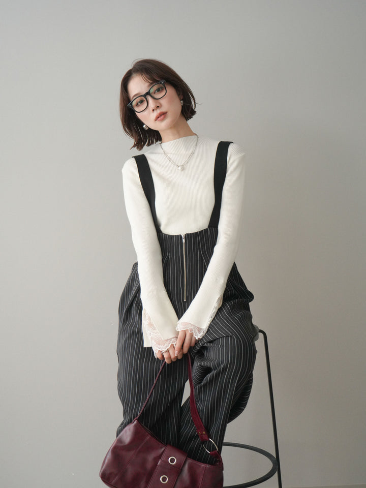 [SET]袖スカラップレースオフネックニットトップス+グログランテープストライプサロペット(2set)