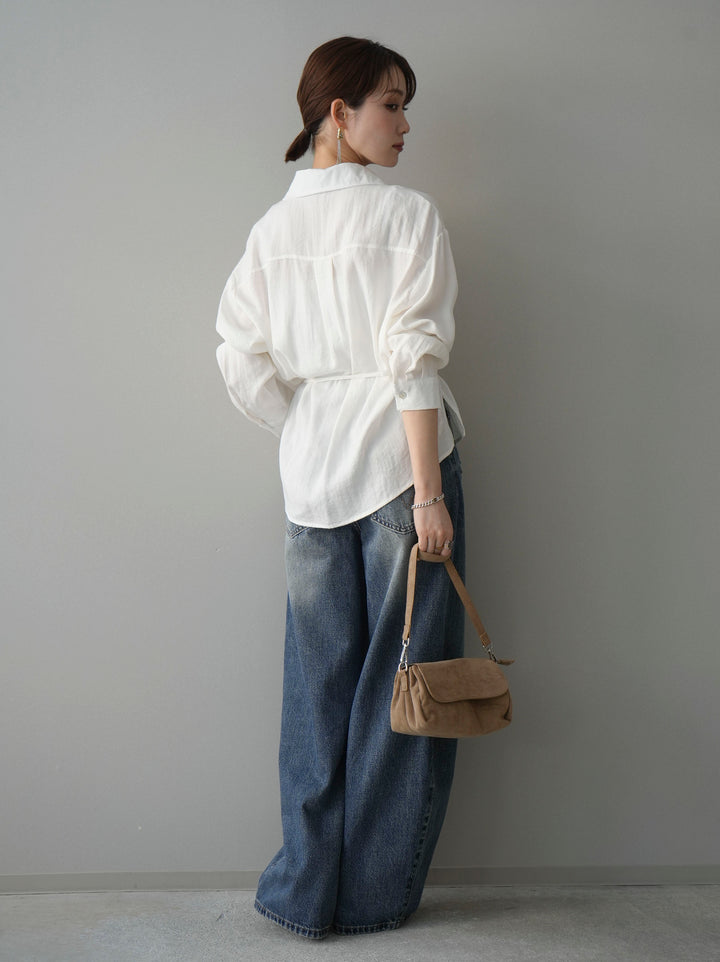 [SET]Vネック変形ラインシャツ+ダメージデニムセミワイドパンツ(2set)