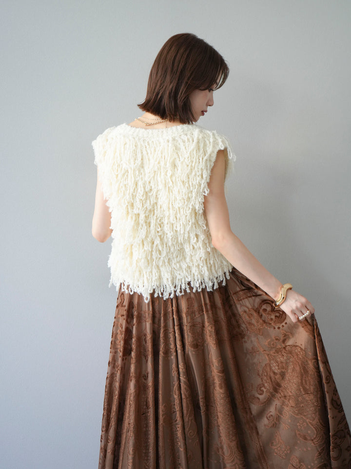 [SET]フリンジループニットベスト+アンティーク柄フロッキーマキシスカート(2set)