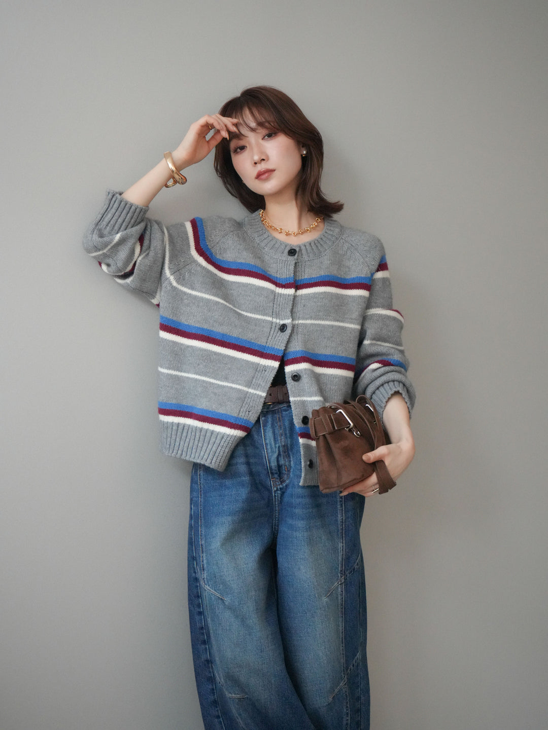 [予約]ランダムボーダーニットカーディガン/gray