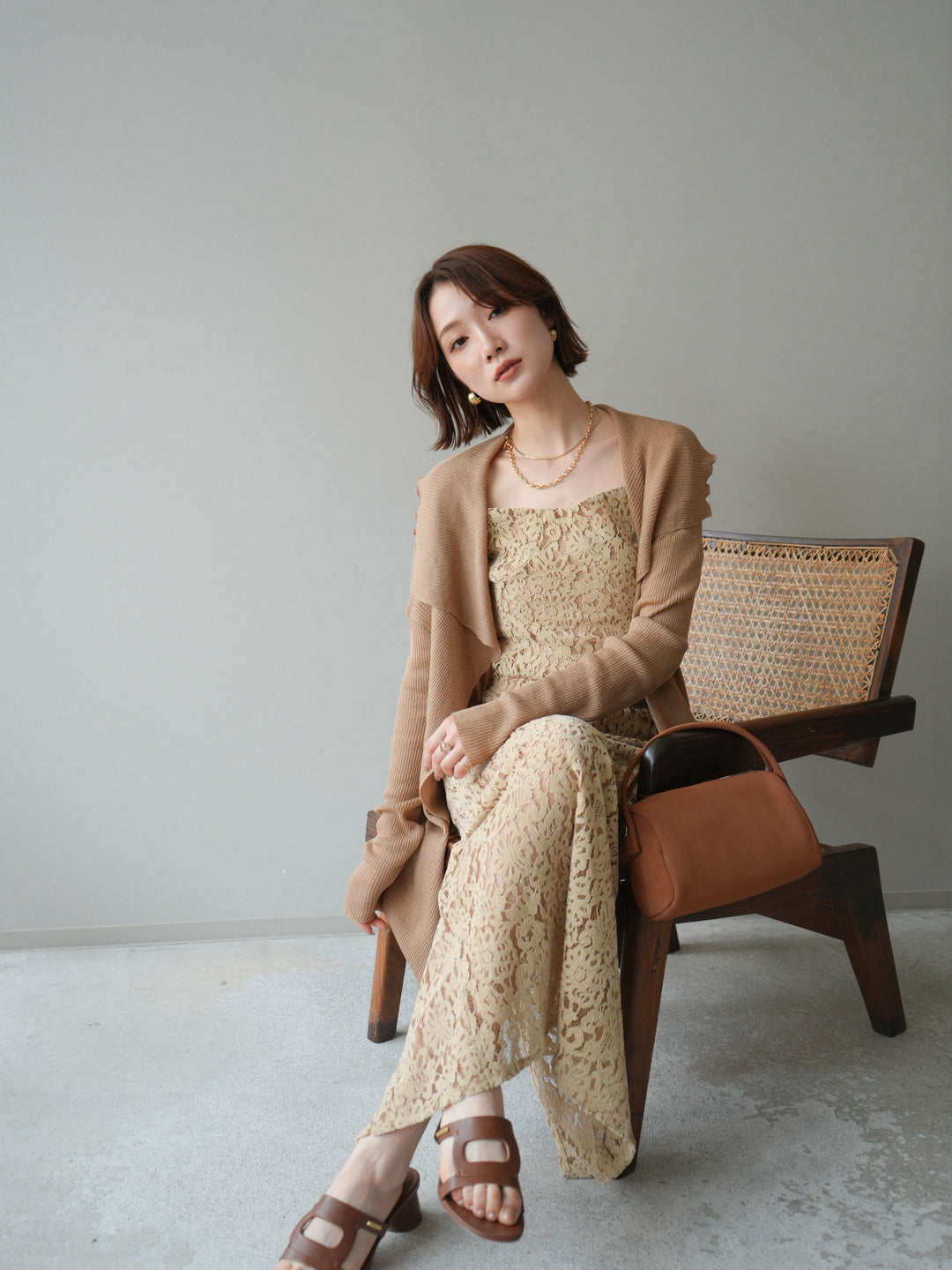 【預購】垂褶羅紋針織長裙 / 米色