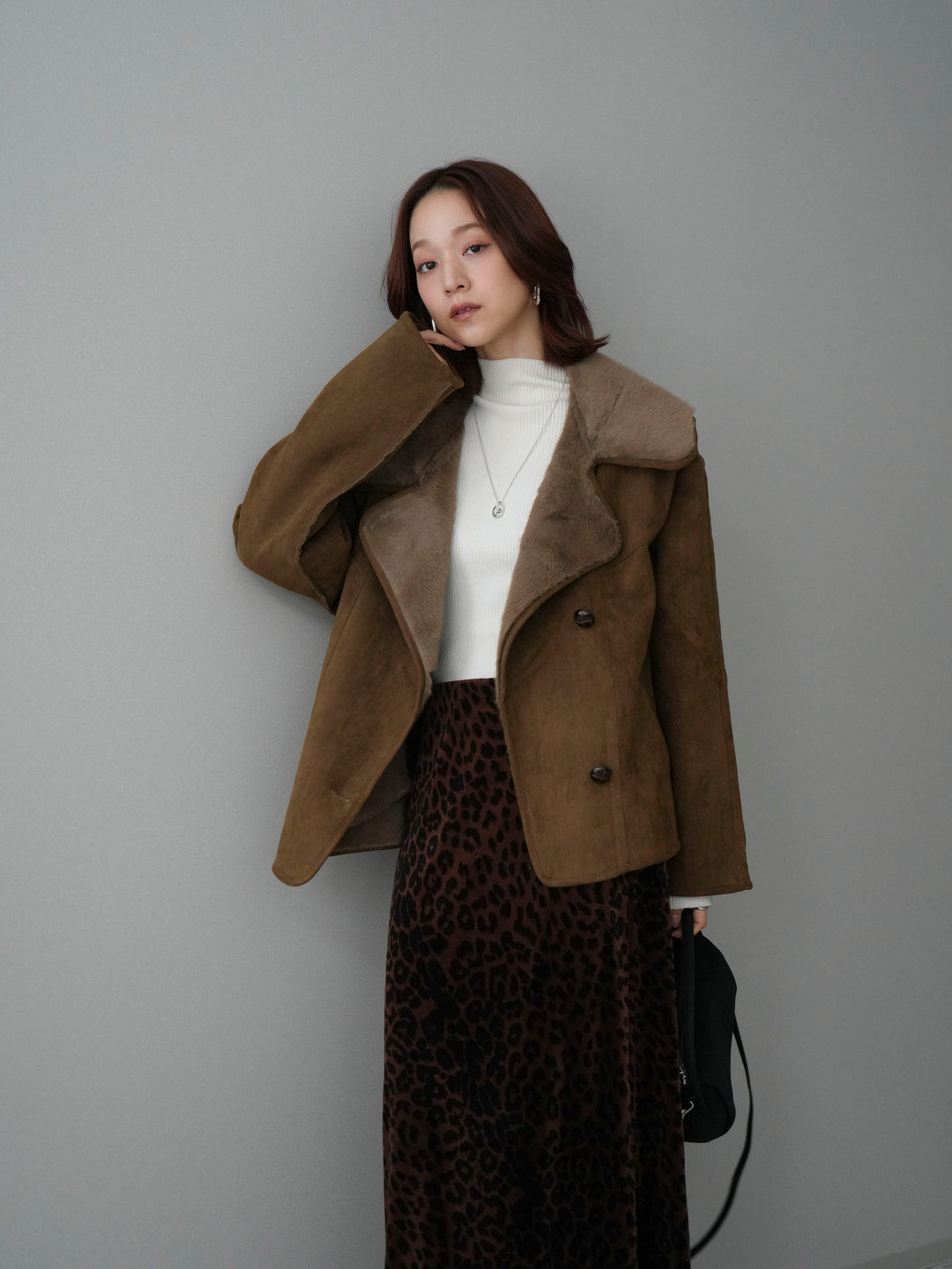 [SET]ムートンショートジャケット+レオパードベロアナロースカート(2set)