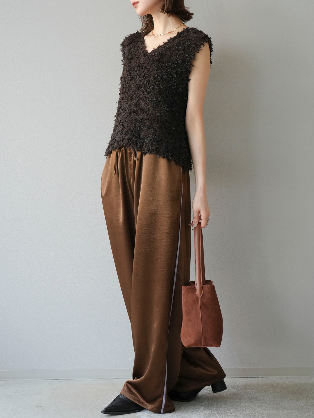 [予約]サテンラインワイドパンツ/ブラウン